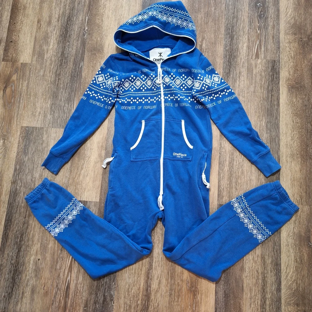 OnePiece Lusekofte Footless Sleeper Pajamas, Blue & White Nordic Print, Sz Xs
